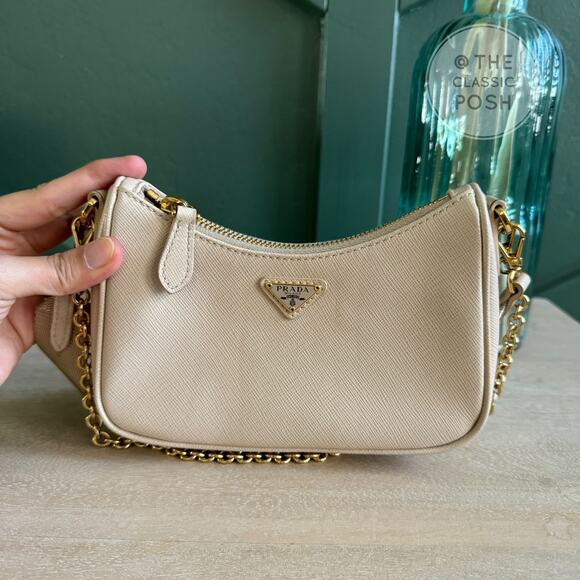 EUC Prada Re-edition Saffiano Mini Beige Crossbody Bag Gold HW - Picture 12 of 12